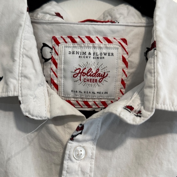 Denim & Flower “Holiday Cheer” Penguin Print Button-Up Shirt – White (XL) - Picture 2 of 6